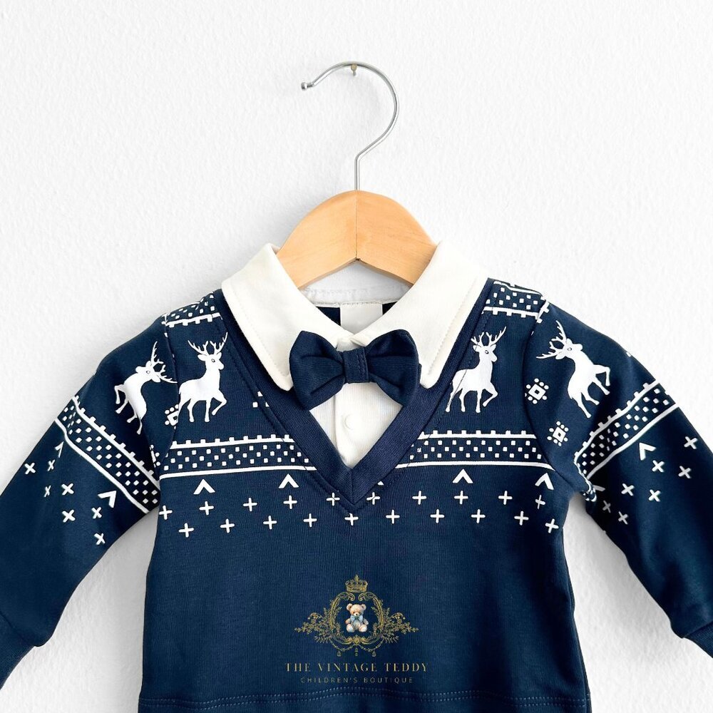 NWT Cute Baby Boys One-piece Bodysuits Romper Reindeers & Snowflakes Navy 18-24M - Picture 3 of 3